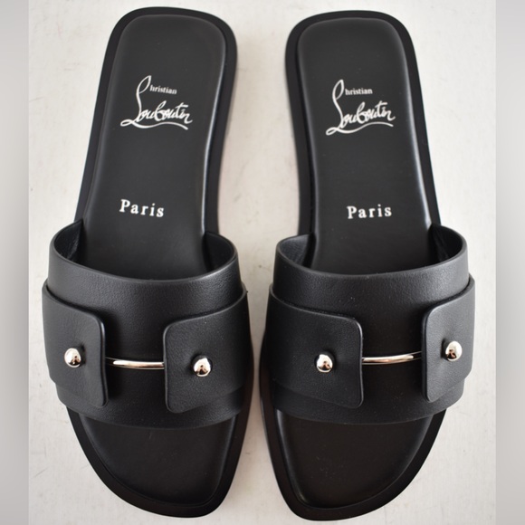 Christian Louboutin Chambelimule Donna Flat Black Calf Leather Slide Sandal 35 - Picture 11 of 15